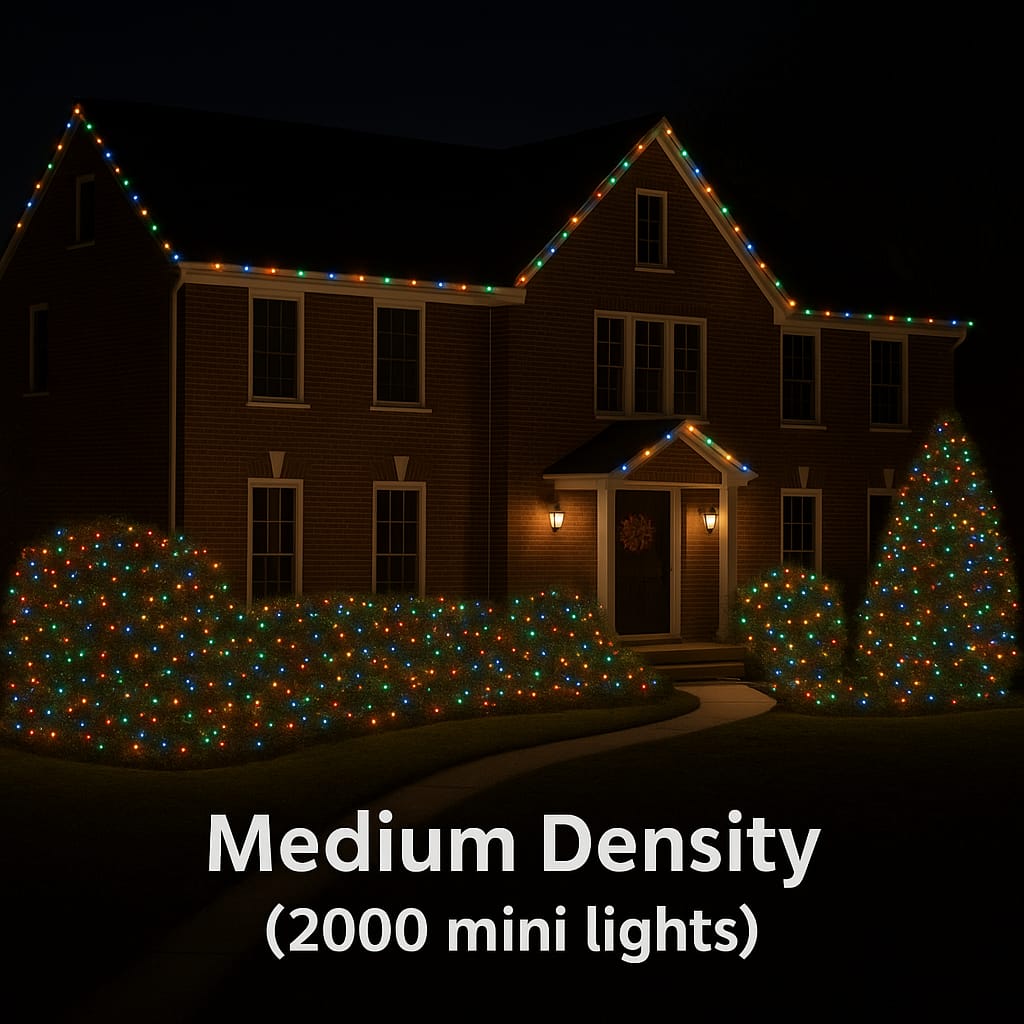 Medium Density (30–35 lights per square foot) Wrap spacing: 4–5 inches apart Our most popular option. Medium density provides rich, even coverage that looks full from the street without being overly intense. Perfect for homeowners who want their display to stand out while still feeling warm and natural.