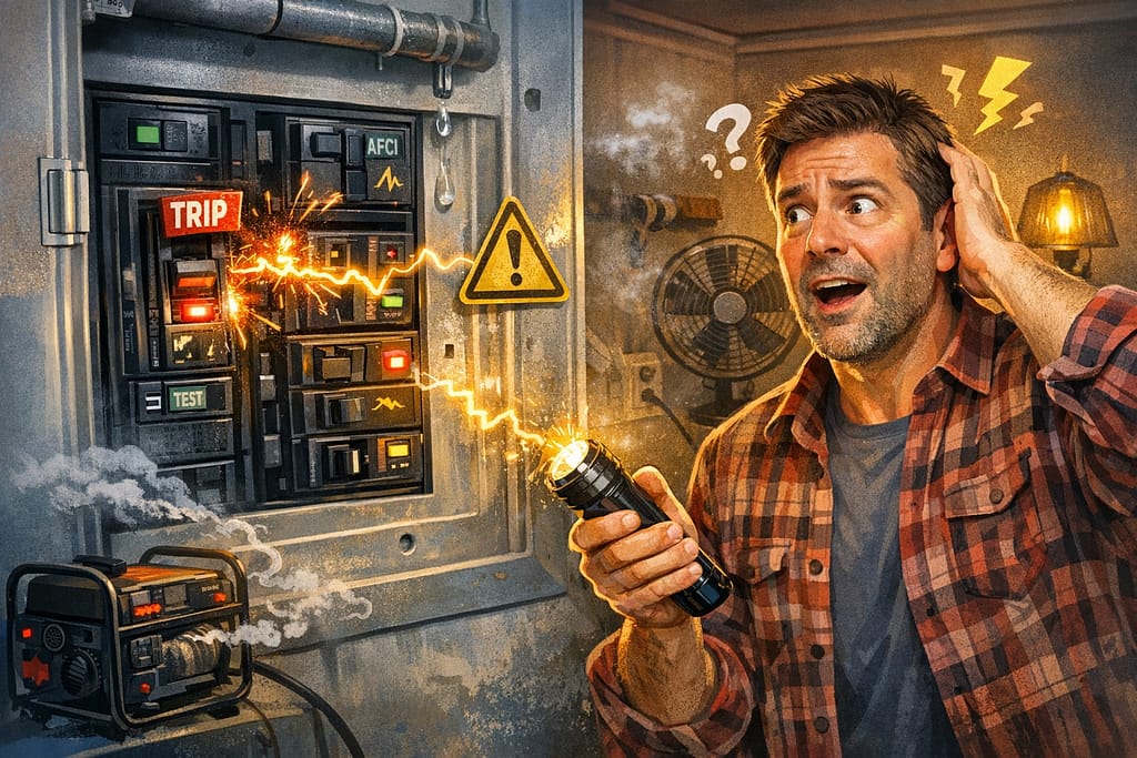 Homeowner confused by repeatedly tripping GFCI and AFCI breakers near generator setup