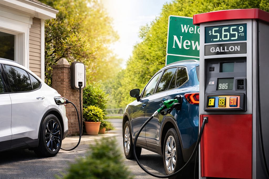 Electric vehicle charging at home compared with gasoline refueling at a pump