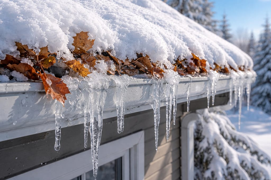 Snow Load and Ice Buildup in a Clogged Roof Gutter