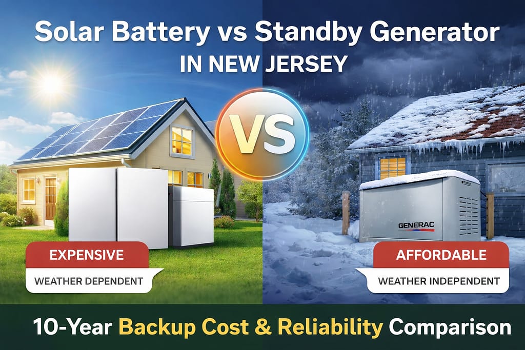 Solar battery vs generator comparison in New Jersey showing Tesla Powerwall, Enphase battery, and Generac standby generator in winter and summer conditions