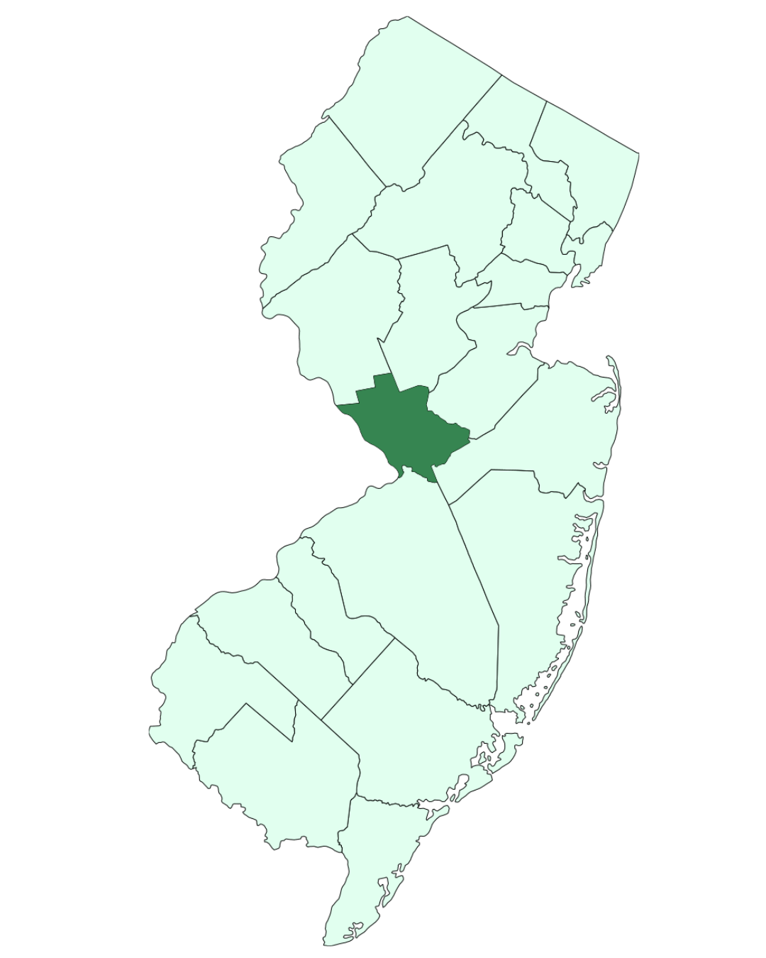 Map of New Jersey highlighting Mercer County solar installation service area by Green Sun Energy Services