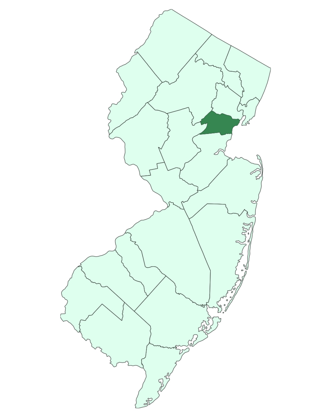 Map of New Jersey highlighting Union County solar installation service area by Green Sun Energy Services