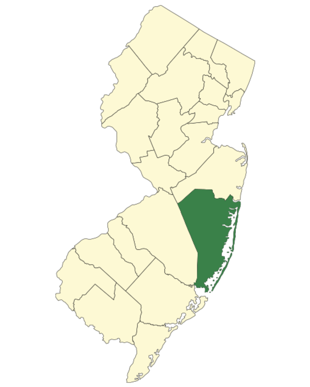 Map of New Jersey highlighting Ocean County solar installation service area by Green Sun Energy Services