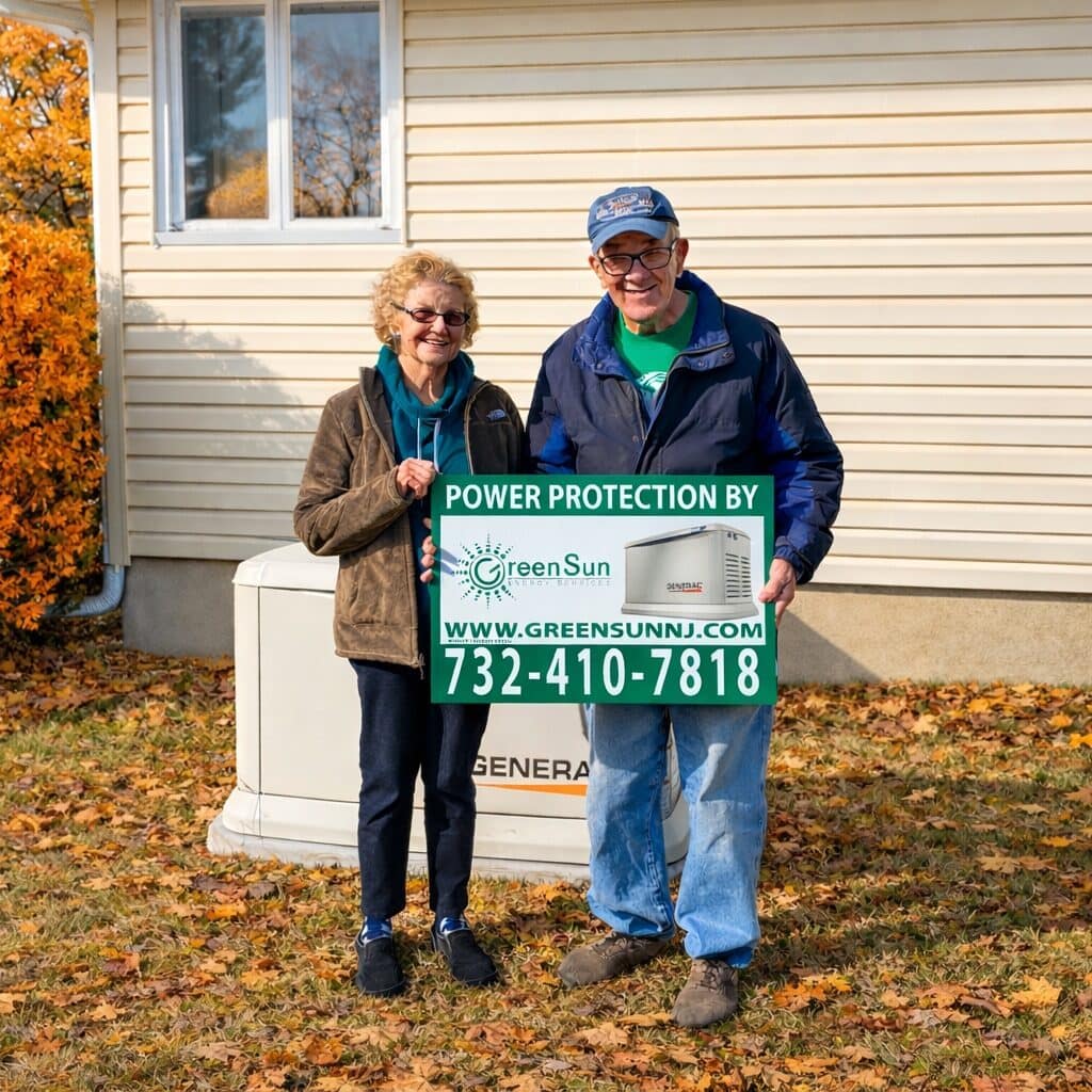 Belle Mead, NJ homeowner holding Green Sun Energy Services, LLC sign in front of newly installed Generac standby generator