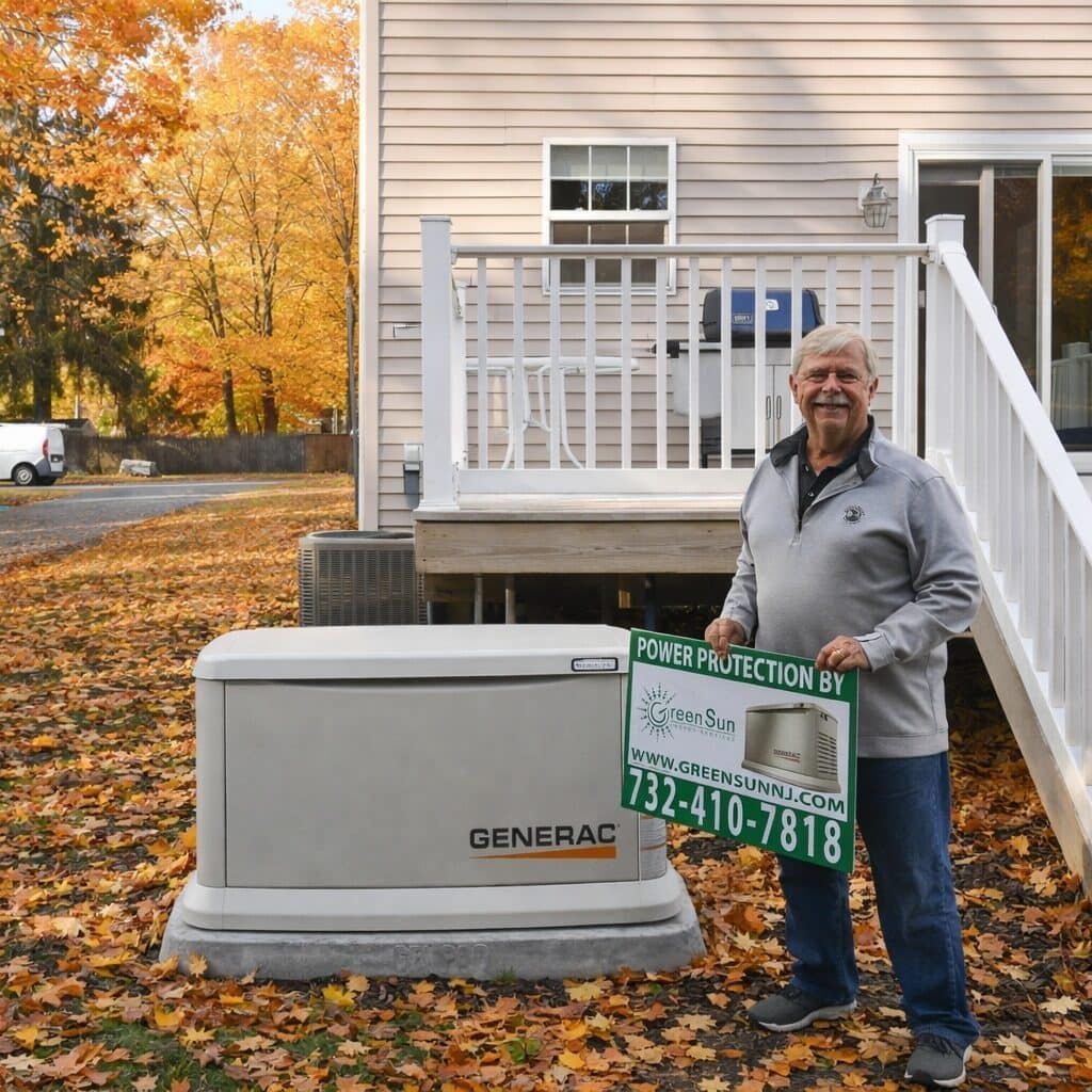 Client holding Green Sun Energy Services, LLC lawn sign near their newly installed Generac home standby generator in Manasquan NJ