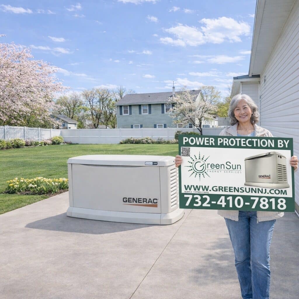 Client holding Green Sun Energy Services, LLC lawn sign near their newly installed Generac home standby generator in Neptune NJ