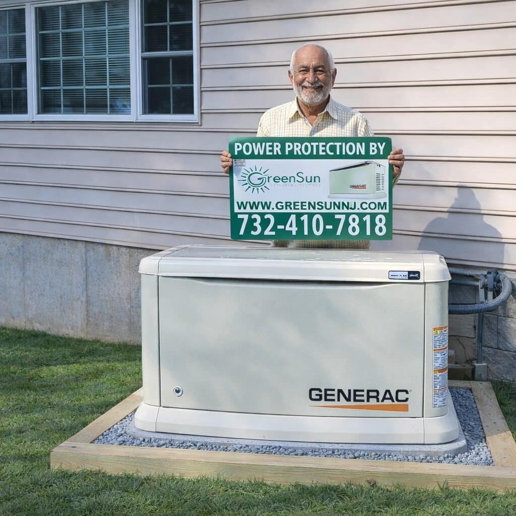 Princeton homeowner standing next to a newly installed Generac standby generator by Green Sun Energy Services, LLC