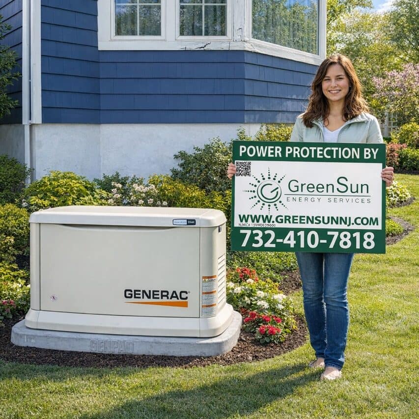 Client holding Green Sun Energy Services, LLC lawn sign beside newly installed Generac home standby generator in Spring Lake NJ