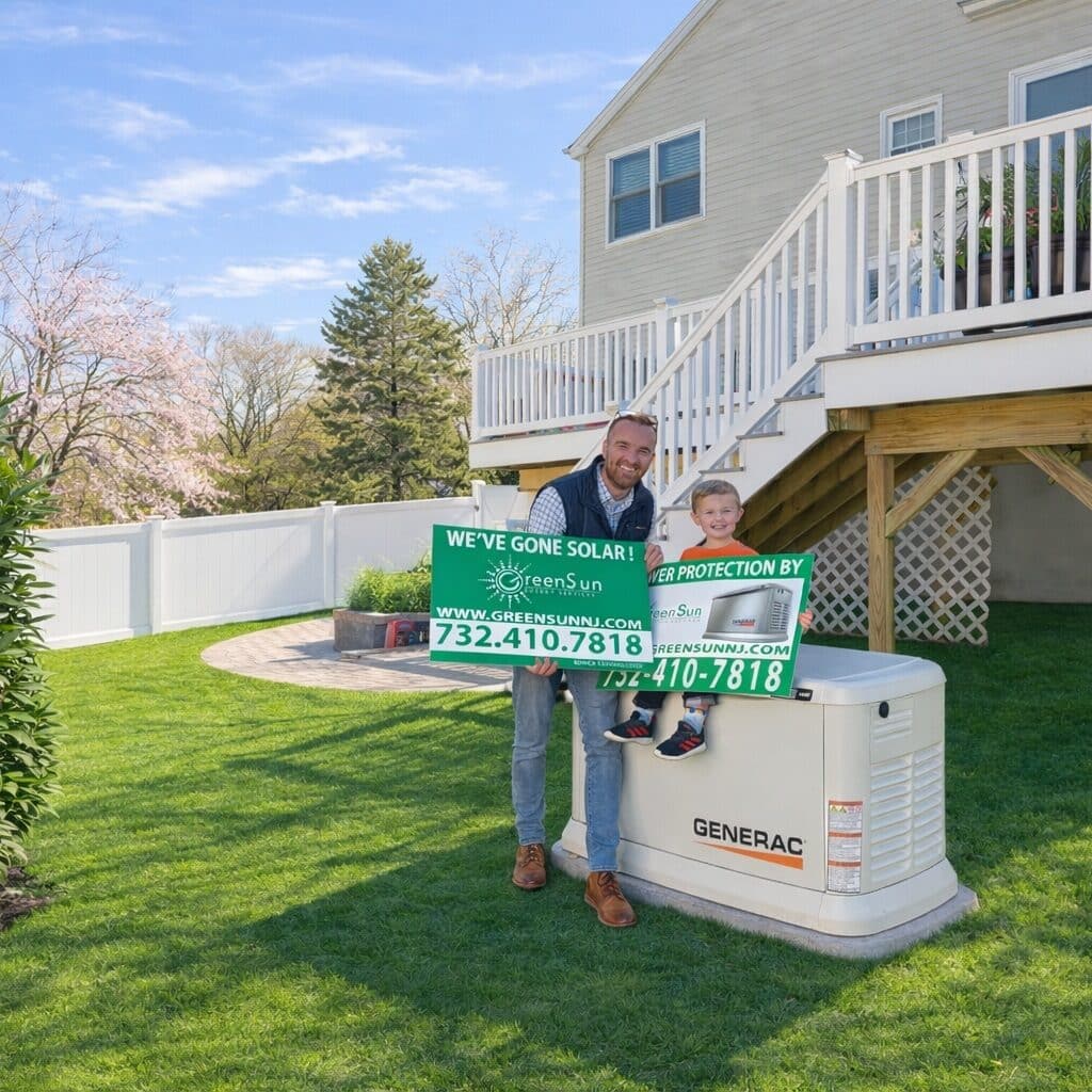 Client & son holding Green Sun Energy Services, LLC lawn signs near their newly installed Generac home standby generator in Wall Township NJ